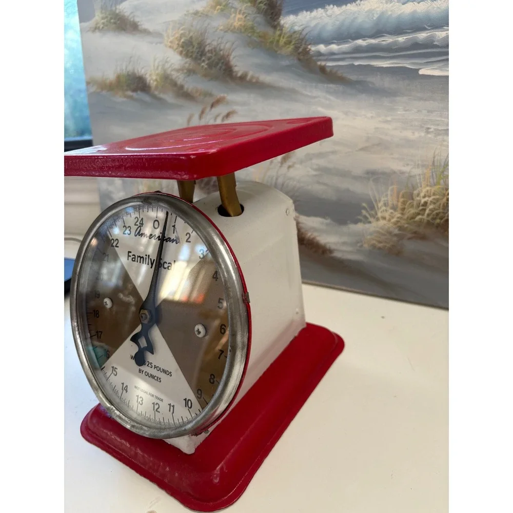 Vintage American Family Scale Red White Metal 25 Lbs Kitchen Farmhouse Decor
